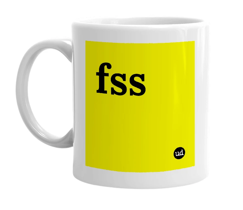 White mug with 'fss' in bold black letters