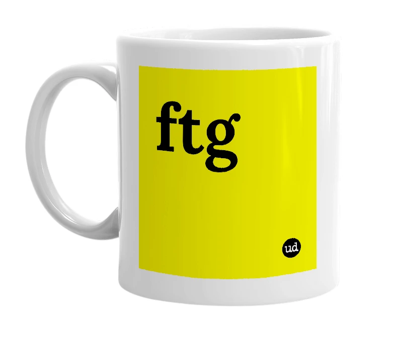 White mug with 'ftg' in bold black letters