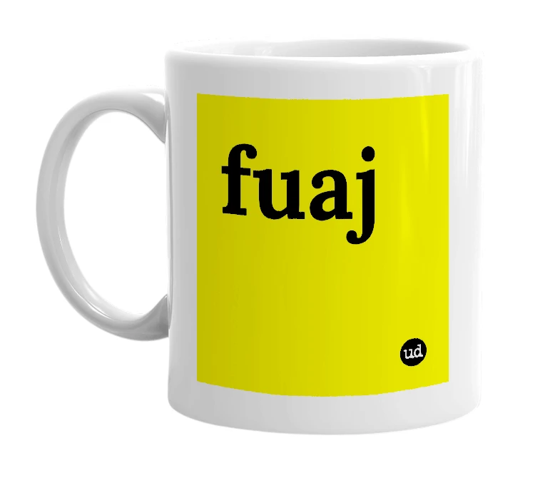 White mug with 'fuaj' in bold black letters