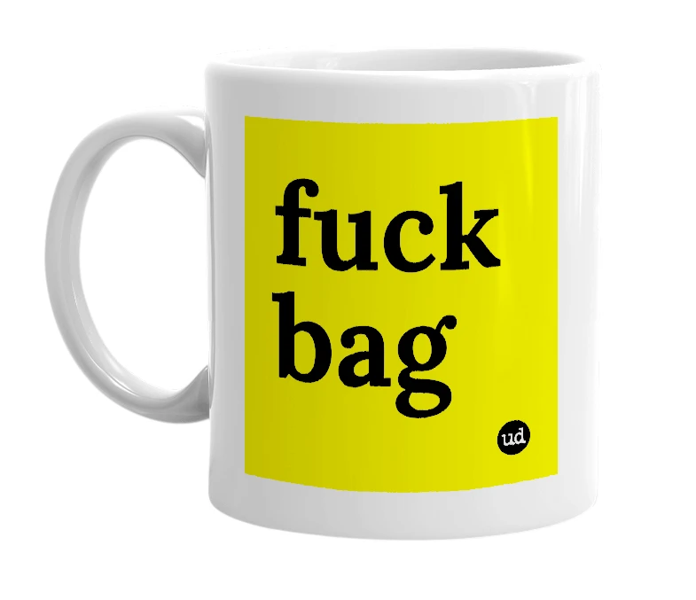 White mug with 'fuck bag' in bold black letters