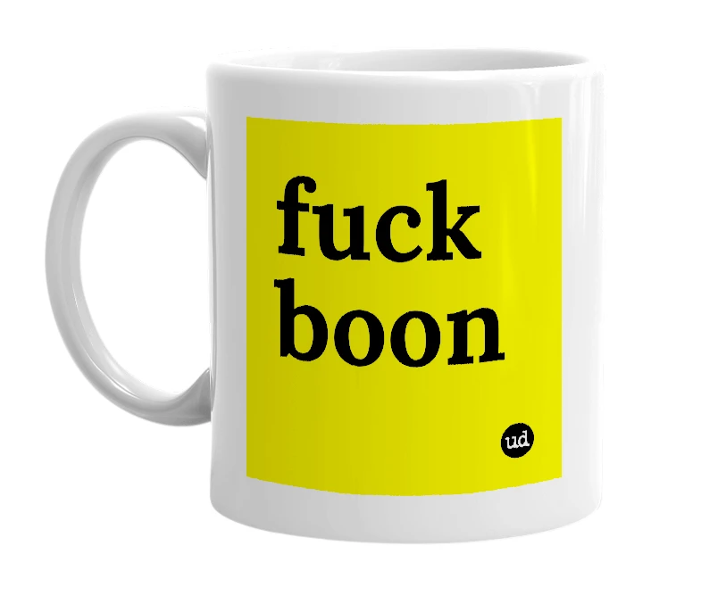 White mug with 'fuck boon' in bold black letters