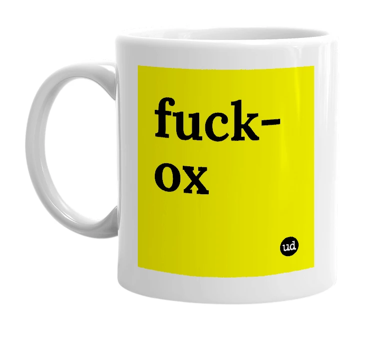 White mug with 'fuck-ox' in bold black letters