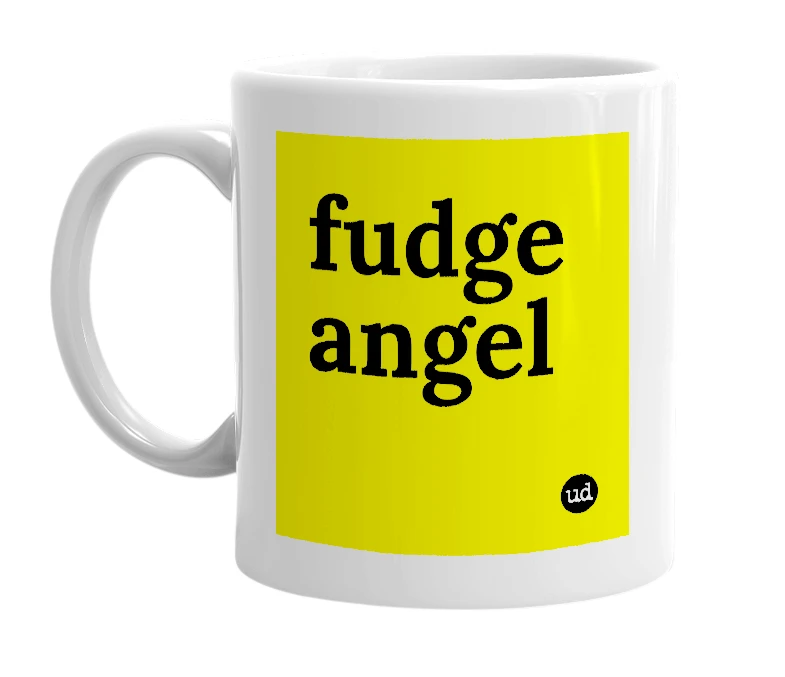 White mug with 'fudge angel' in bold black letters