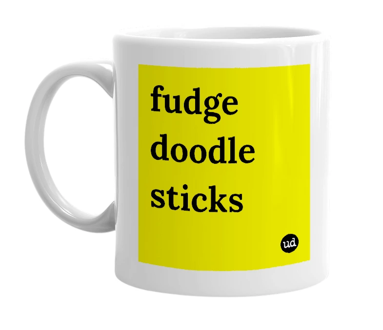 White mug with 'fudge doodle sticks' in bold black letters