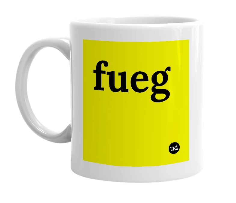 White mug with 'fueg' in bold black letters