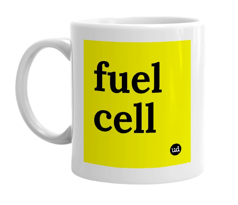 White mug with 'fuel cell' in bold black letters