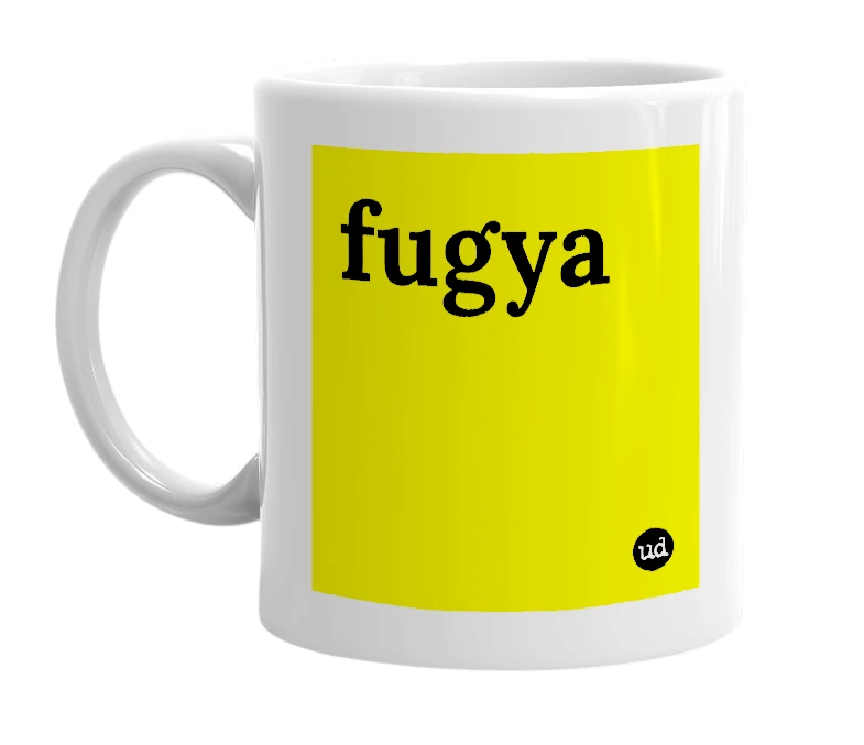 White mug with 'fugya' in bold black letters