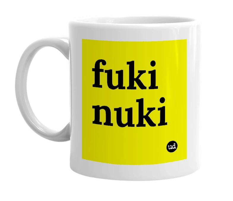 White mug with 'fuki nuki' in bold black letters