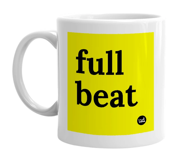White mug with 'full beat' in bold black letters