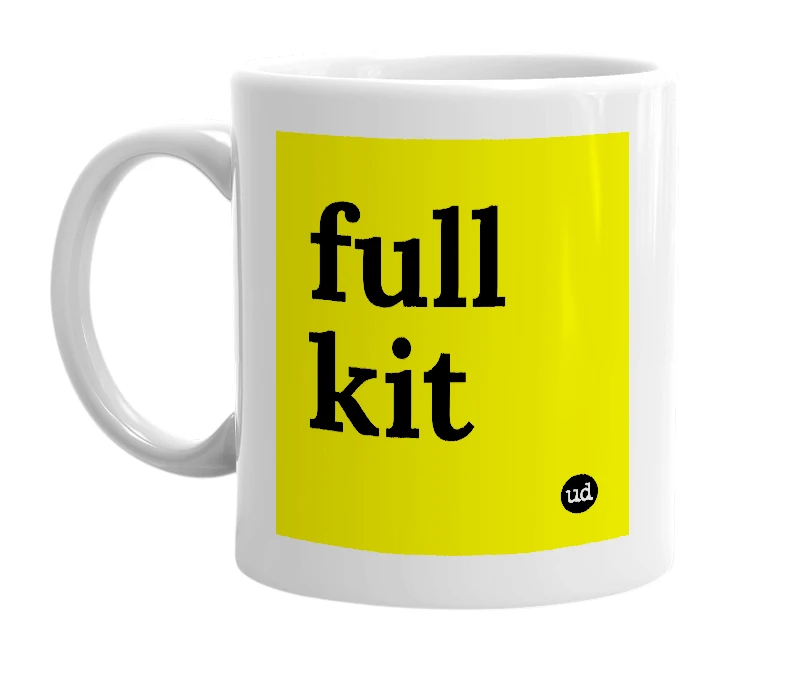 White mug with 'full kit' in bold black letters