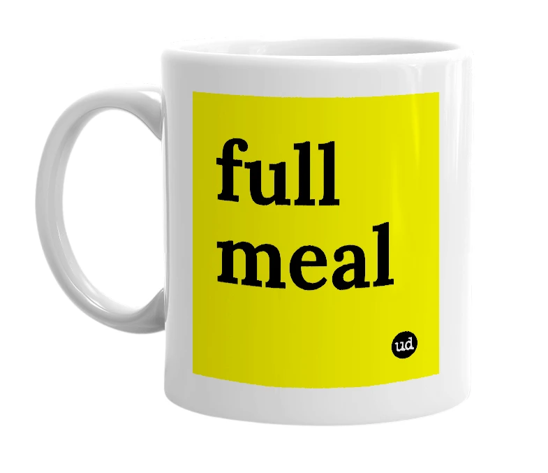 White mug with 'full meal' in bold black letters