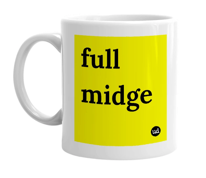White mug with 'full midge' in bold black letters