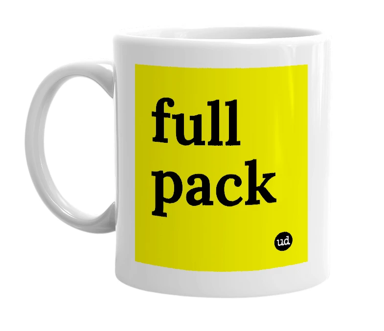 White mug with 'full pack' in bold black letters