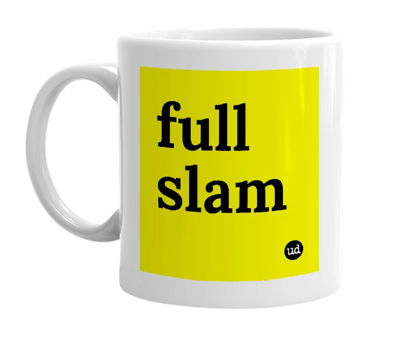 White mug with 'full slam' in bold black letters