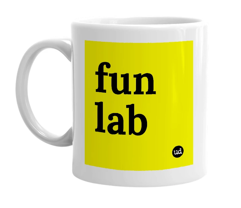 White mug with 'fun lab' in bold black letters