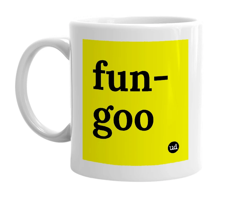 White mug with 'fun-goo' in bold black letters