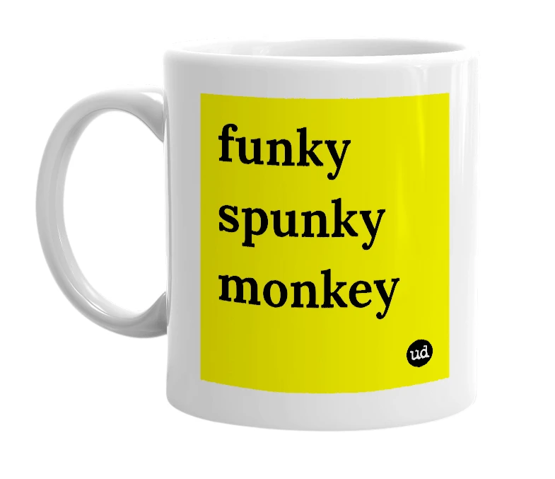White mug with 'funky spunky monkey' in bold black letters