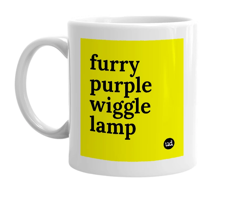 White mug with 'furry purple wiggle lamp' in bold black letters