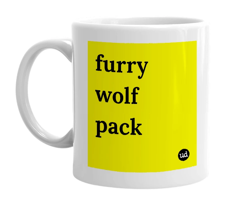 White mug with 'furry wolf pack' in bold black letters
