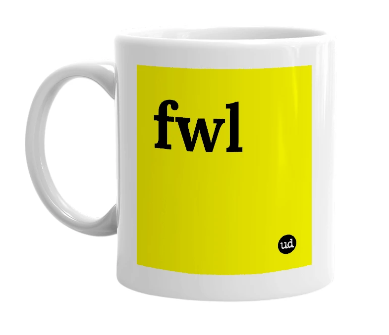White mug with 'fwl' in bold black letters