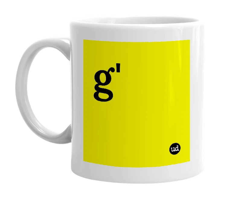 White mug with 'g'' in bold black letters