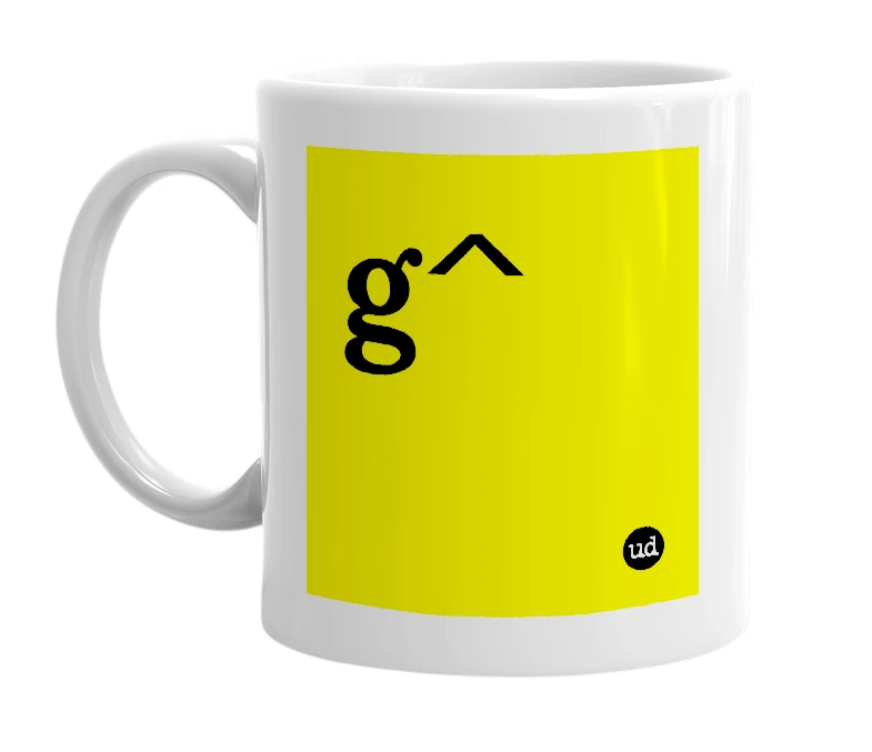 White mug with 'g^' in bold black letters