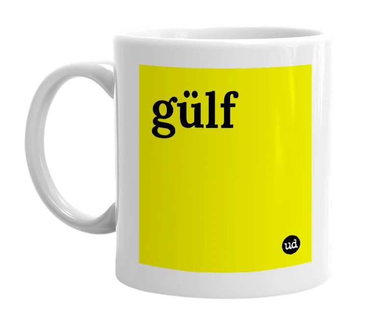White mug with 'gülf' in bold black letters