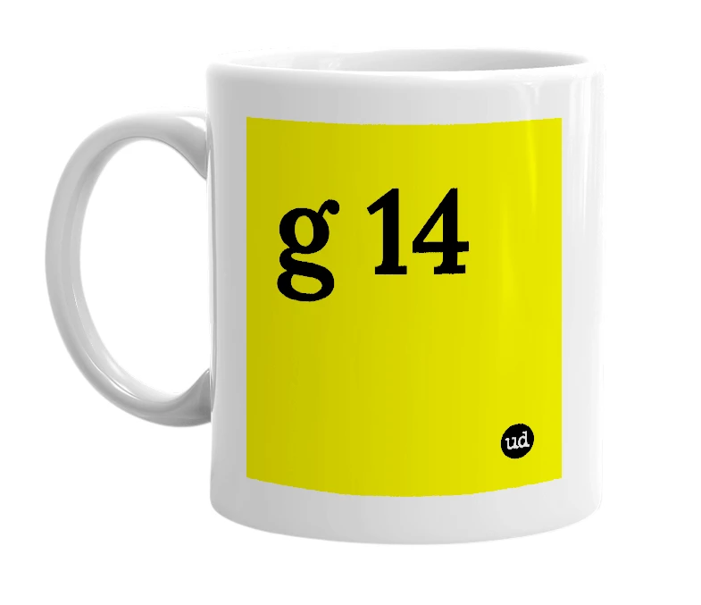 White mug with 'g 14' in bold black letters