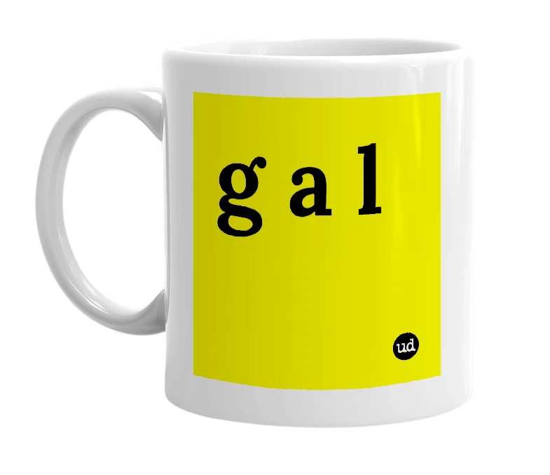 White mug with 'g a l' in bold black letters