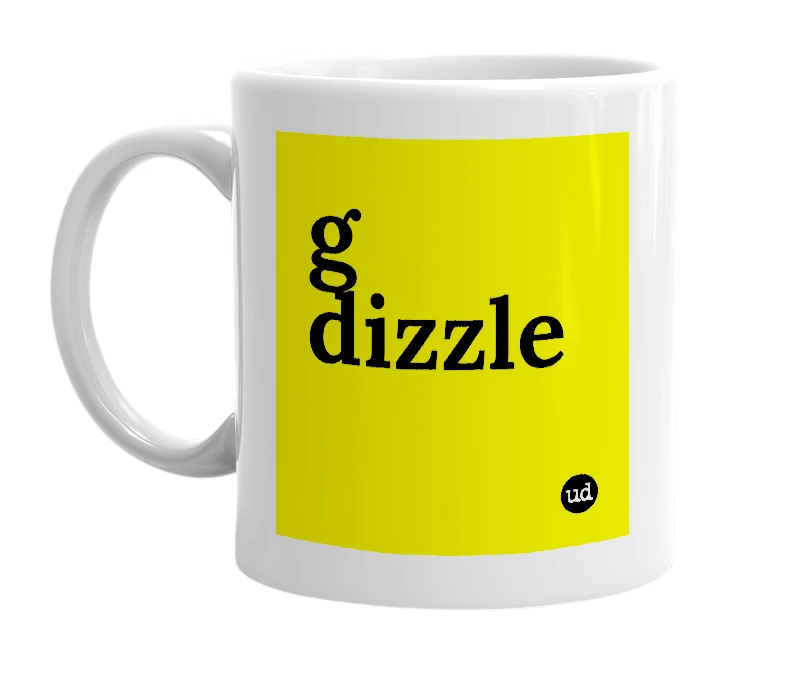 White mug with 'g dizzle' in bold black letters