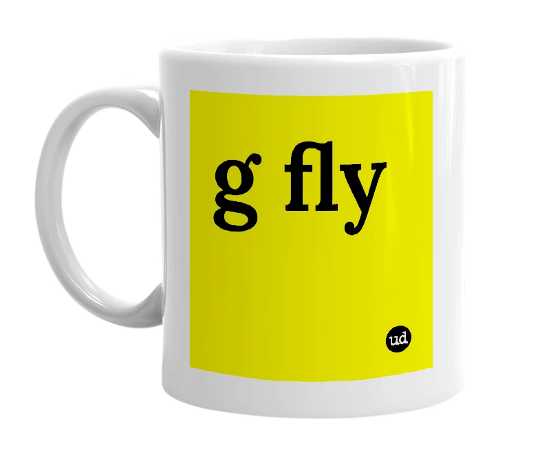 White mug with 'g fly' in bold black letters