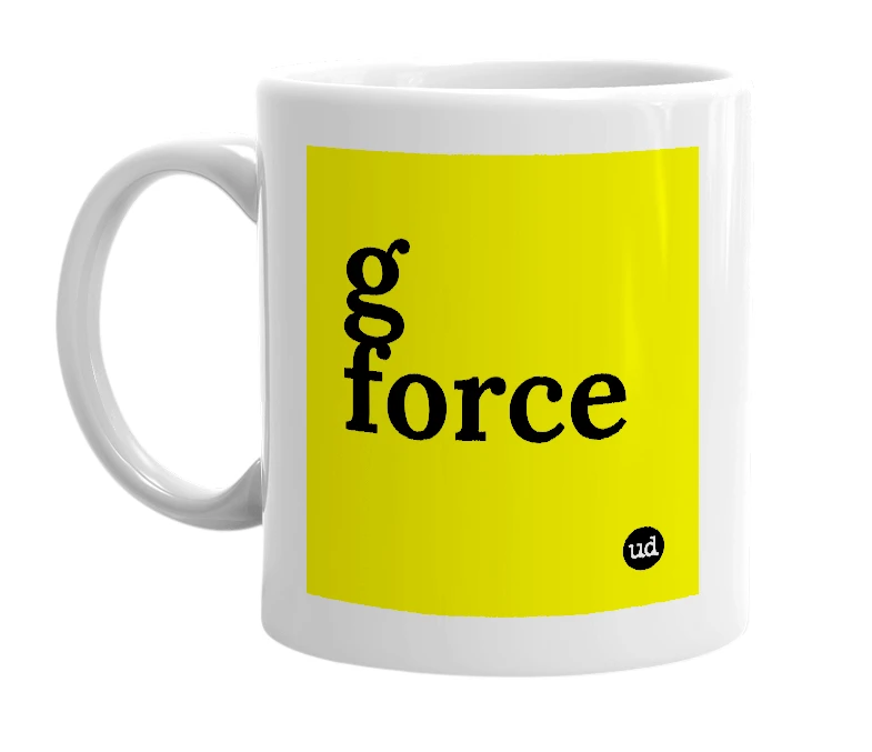 White mug with 'g force' in bold black letters