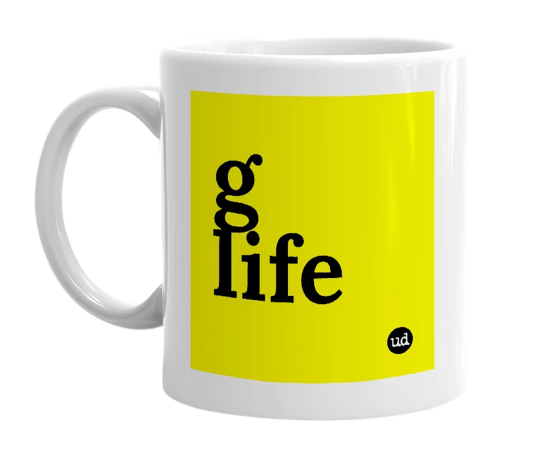 White mug with 'g life' in bold black letters