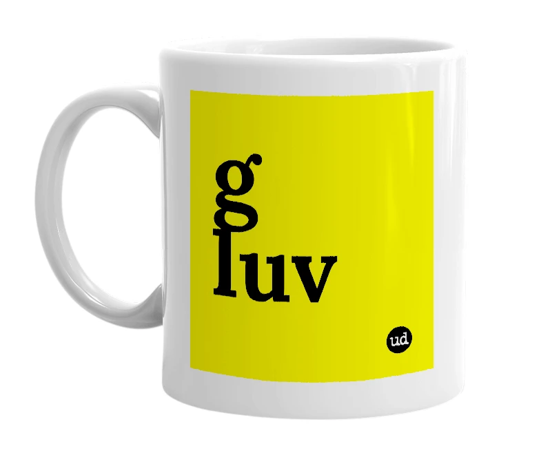 White mug with 'g luv' in bold black letters