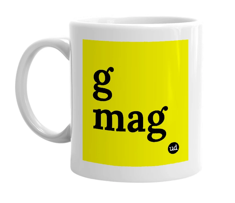 White mug with 'g mag' in bold black letters