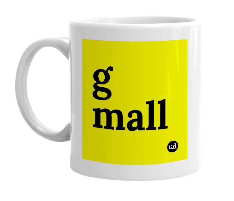 White mug with 'g mall' in bold black letters