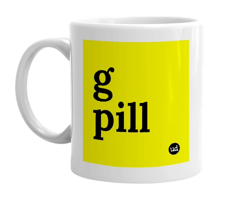 White mug with 'g pill' in bold black letters