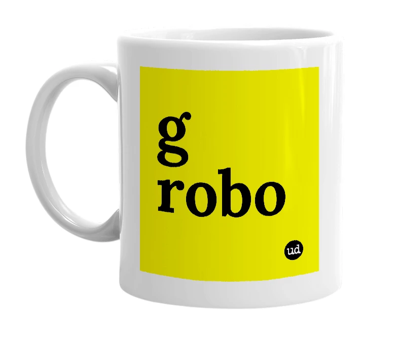 White mug with 'g robo' in bold black letters