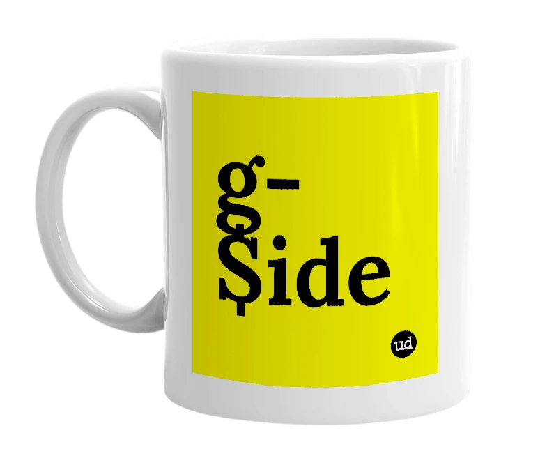White mug with 'g-$ide' in bold black letters