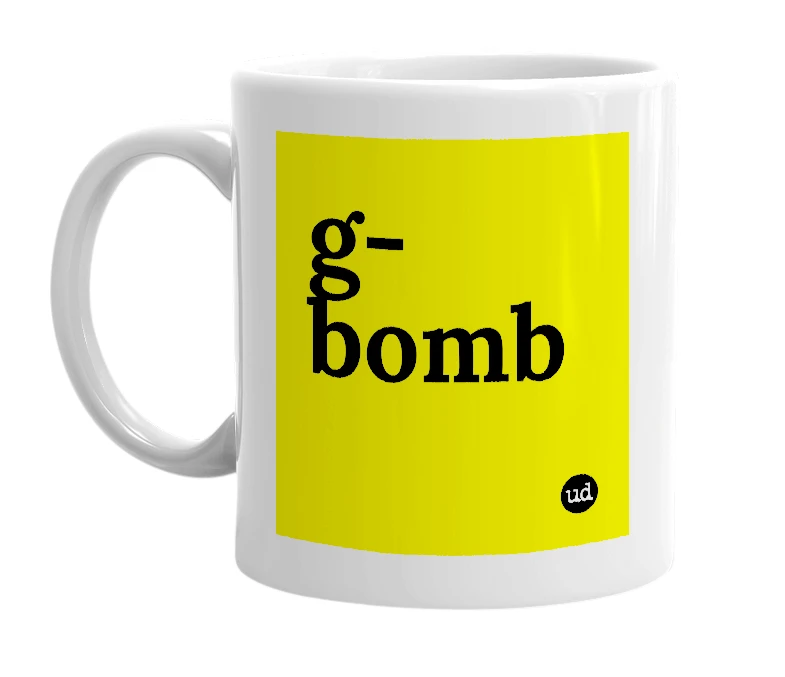 White mug with 'g-bomb' in bold black letters