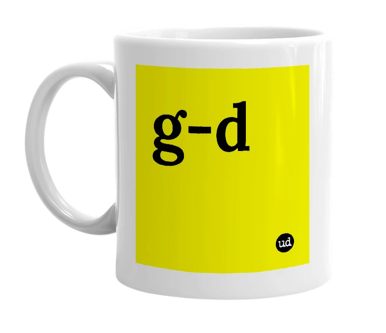 White mug with 'g-d' in bold black letters