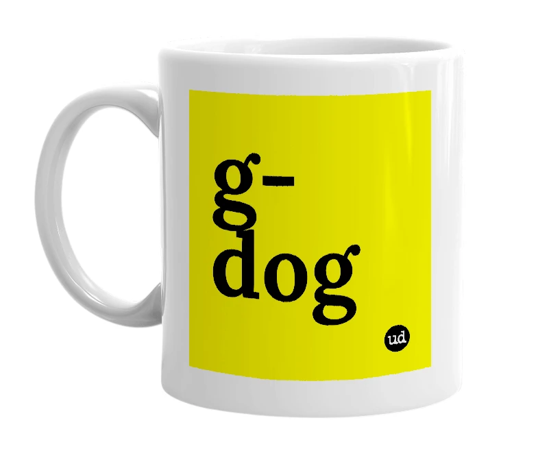 White mug with 'g-dog' in bold black letters