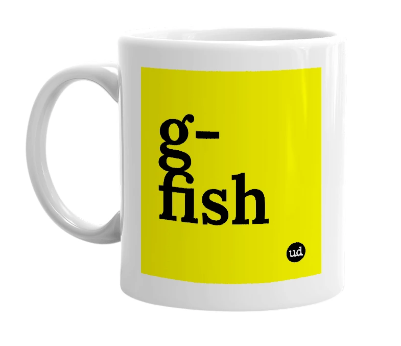 White mug with 'g-fish' in bold black letters