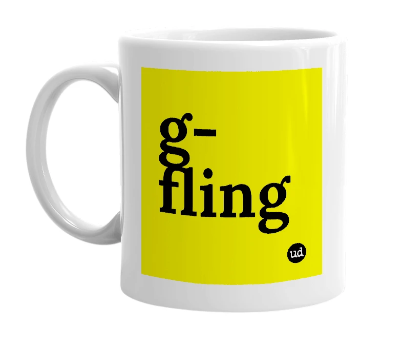 White mug with 'g-fling' in bold black letters