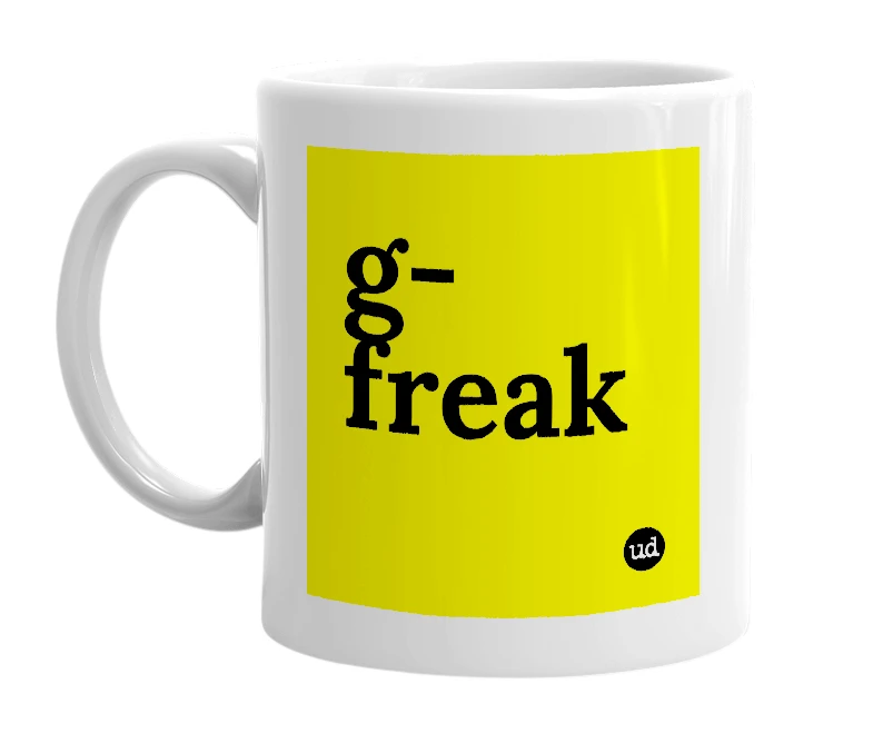 White mug with 'g-freak' in bold black letters