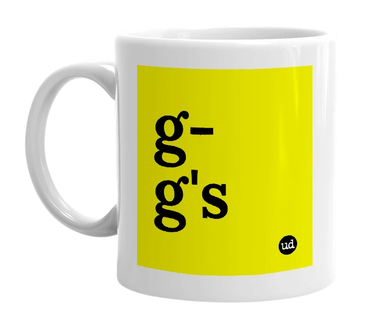 White mug with 'g-g's' in bold black letters