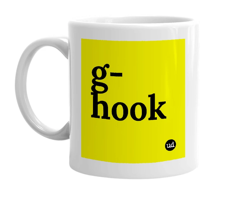 White mug with 'g-hook' in bold black letters