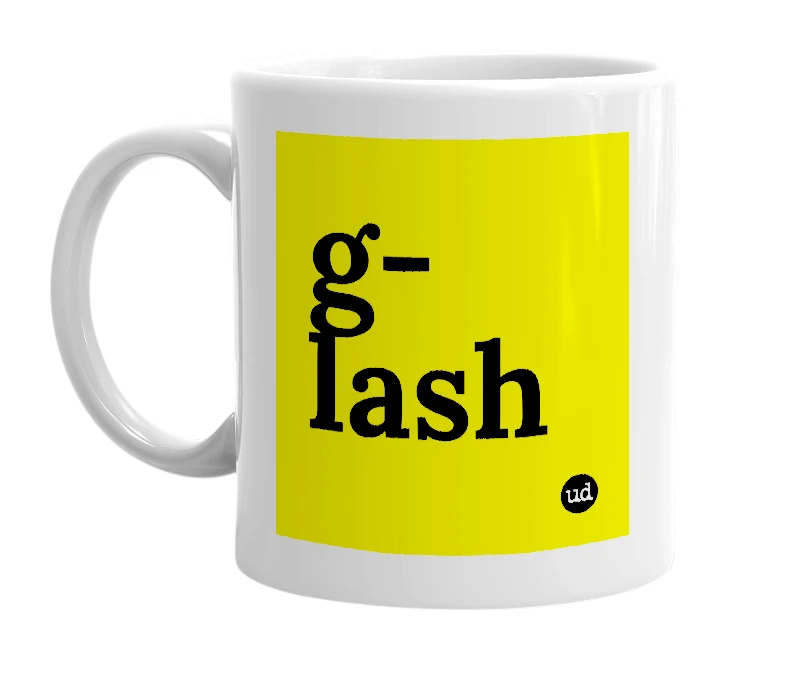 White mug with 'g-lash' in bold black letters