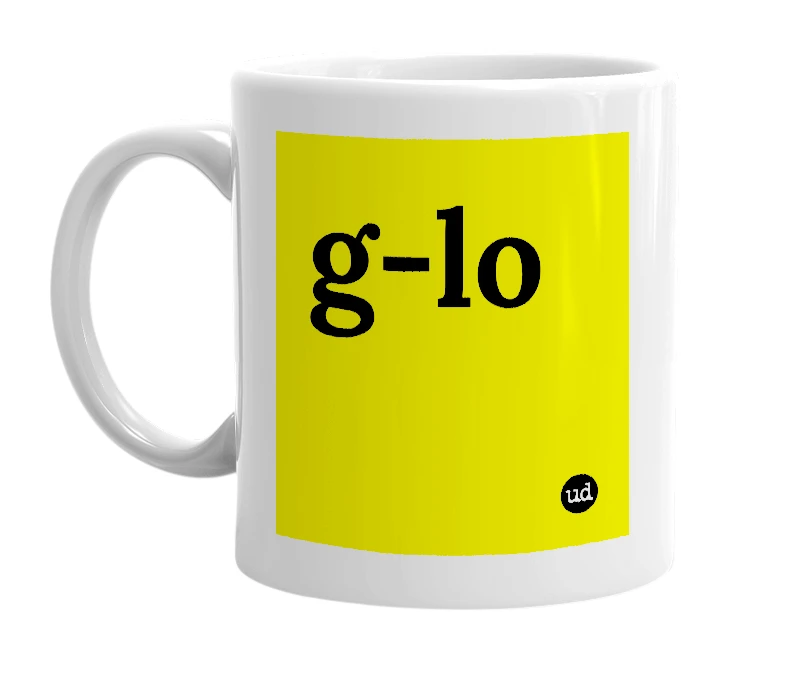 White mug with 'g-lo' in bold black letters