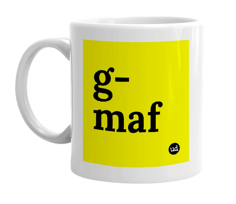 White mug with 'g-maf' in bold black letters